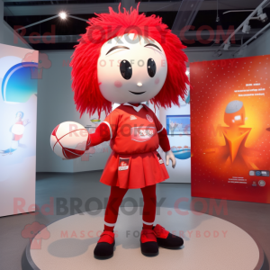 Red Rugby Ball mascot costume character dressed with a Playsuit and Hairpins