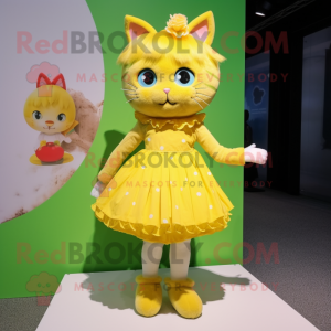 Lemon Yellow Cat mascot costume character dressed with a Mini Skirt and Hairpins