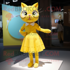 Lemon Yellow Cat mascot costume character dressed with a Mini Skirt and Hairpins