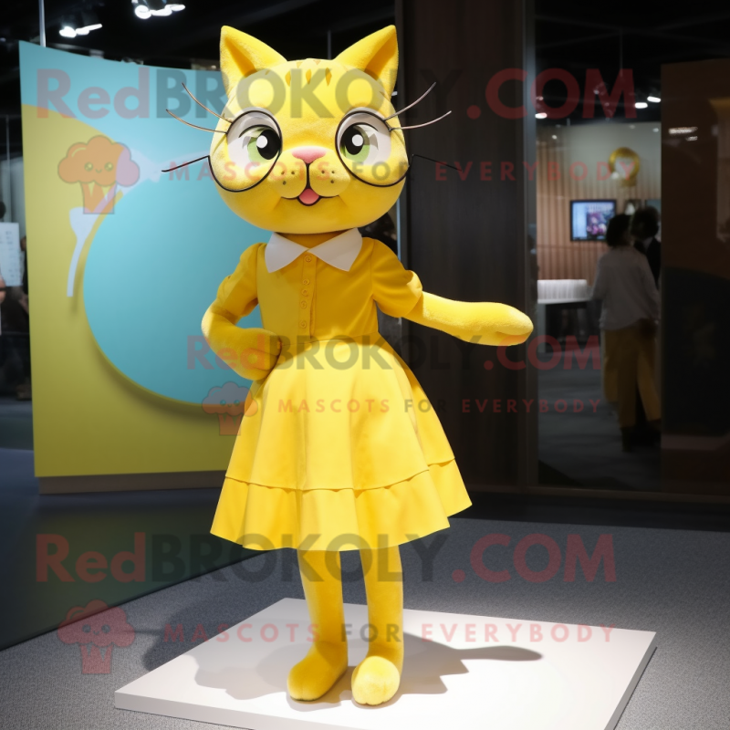 Lemon Yellow Cat mascot costume character dressed with a Mini Skirt and Hairpins Lemon Yellow Cat mascot costume character dressed with a Mini Skirt and Hairpins