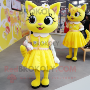 Lemon Yellow Cat mascot costume character dressed with a Mini Skirt and Hairpins