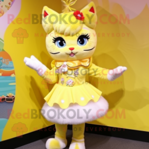 Lemon Yellow Cat mascot costume character dressed with a Mini Skirt and Hairpins