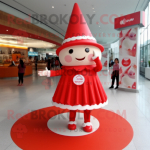 Red Ice Cream Cone mascot costume character dressed with a Circle Skirt and Berets
