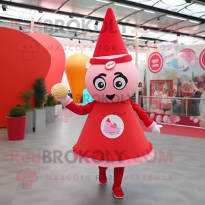 Red Ice Cream Cone mascot costume character dressed with a Circle Skirt and Berets