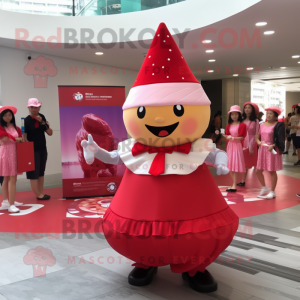 Red Ice Cream Cone mascot costume character dressed with a Circle Skirt and Berets