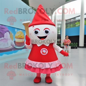 Red Ice Cream Cone mascot costume character dressed with a Circle Skirt and Berets