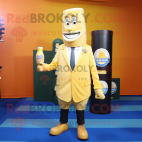 Cream Bottle Of Mustard mascot costume character dressed with a Blazer and Lapel pins