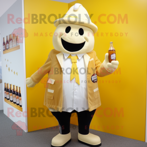 Cream Bottle Of Mustard mascot costume character dressed with a Blazer and Lapel pins