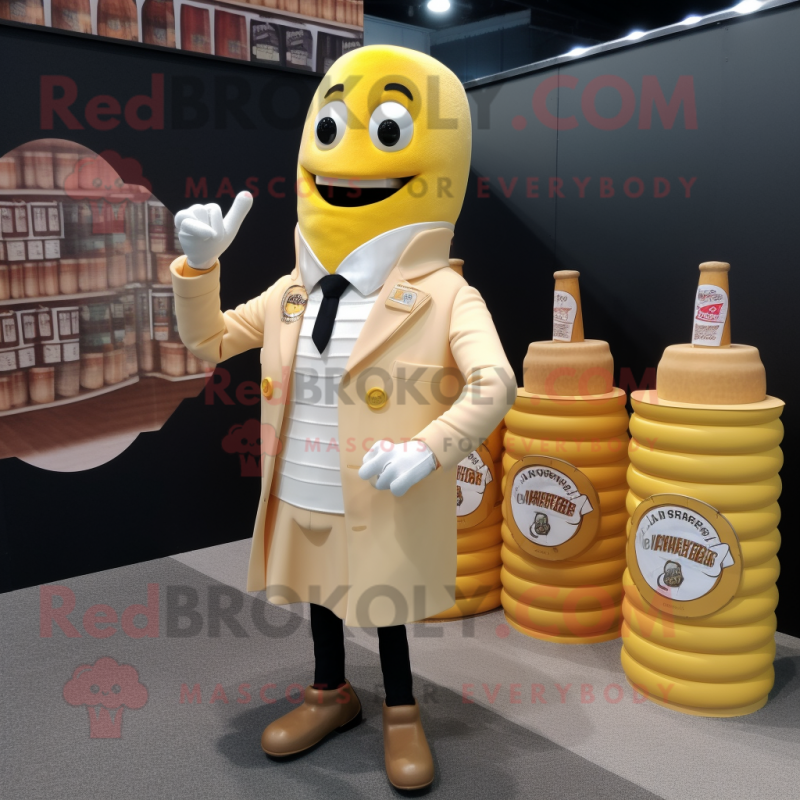 Cream Bottle Of Mustard mascot costume character dressed with a Blazer and Lapel pins