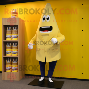 Cream Bottle Of Mustard mascot costume character dressed with a Blazer and Lapel pins