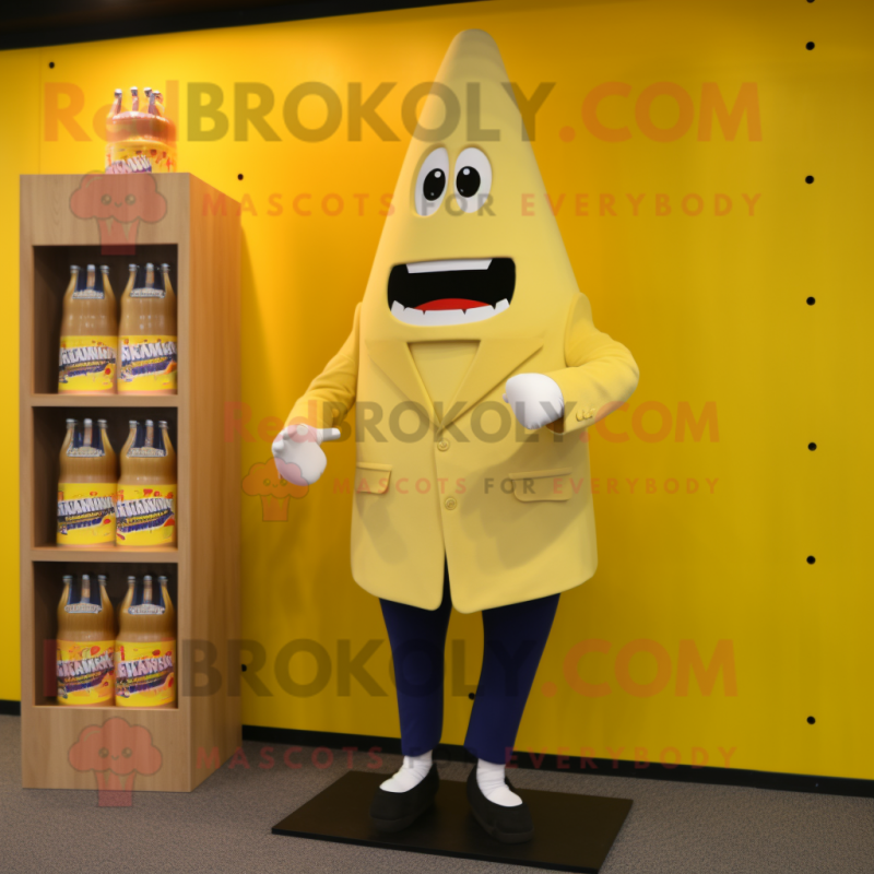 Cream Bottle Of Mustard mascot costume character dressed with a Blazer and Lapel pins