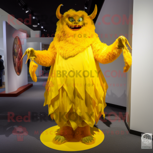 Yellow Demon mascot costume character dressed with a Evening Gown and Shawl pins