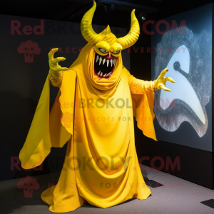Yellow Demon mascot costume character dressed with a Evening Gown and Shawl pins