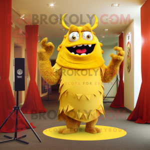 Yellow Demon mascot costume character dressed with a Evening Gown and Shawl pins