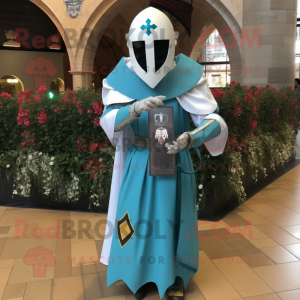 Teal Medieval Knight mascot costume character dressed with a Wedding Dress and Scarf clips