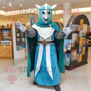 Teal Medieval Knight mascot costume character dressed with a Wedding Dress and Scarf clips