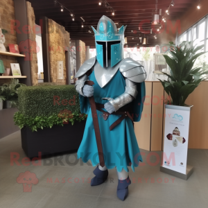 Teal Medieval Knight mascot costume character dressed with a Wedding Dress and Scarf clips