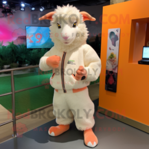 Peach Angora Goat mascot costume character dressed with a Bomber Jacket and Shoe laces