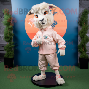 Peach Angora Goat mascot costume character dressed with a Bomber Jacket and Shoe laces