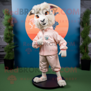 Peach Angora Goat mascot costume character dressed with a Bomber Jacket and Shoe laces