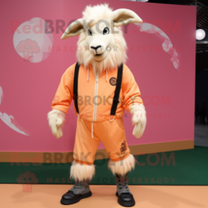 Peach Angora Goat mascot costume character dressed with a Bomber Jacket and Shoe laces