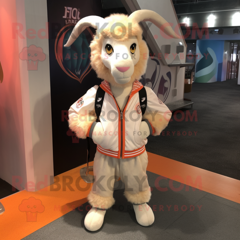 Peach Angora Goat mascot costume character dressed with a Bomber Jacket and Shoe laces