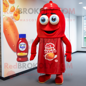 nan Bottle Of Ketchup mascot costume character dressed with a Midi Dress and Backpacks