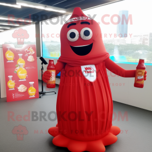 nan Bottle Of Ketchup mascot costume character dressed with a Midi Dress and Backpacks