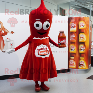 nan Bottle Of Ketchup mascot costume character dressed with a Midi Dress and Backpacks