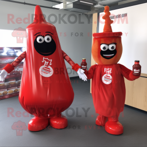 nan Bottle Of Ketchup mascot costume character dressed with a Midi Dress and Backpacks