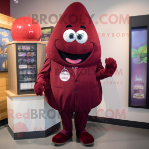 Maroon Plum mascot costume character dressed with a Suit Jacket and Cummerbunds