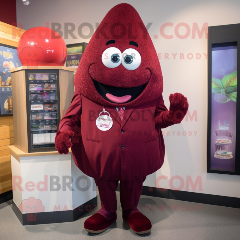 Maroon Plum mascot costume character dressed with a Suit Jacket and Cummerbunds Maroon Plum mascot costume character dressed with a Suit Jacket and Cummerbunds