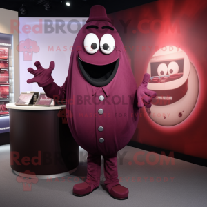 Maroon Plum mascot costume character dressed with a Suit Jacket and Cummerbunds