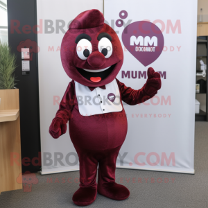 Maroon Plum mascot costume character dressed with a Suit Jacket and Cummerbunds