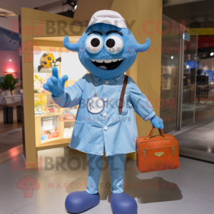 Blue Doctor mascot costume character dressed with a Chambray Shirt and Handbags