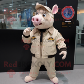 Beige Pig mascot costume character dressed with a Bomber Jacket and Bracelet watches