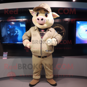 Beige Pig mascot costume character dressed with a Bomber Jacket and Bracelet watches