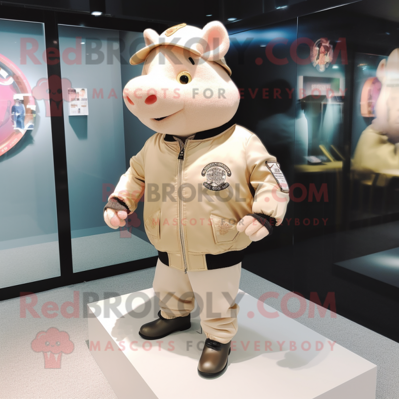 Beige Pig mascot costume character dressed with a Bomber Jacket and Bracelet watches Beige Pig mascot costume character dressed with a Bomber Jacket and Bracelet watches