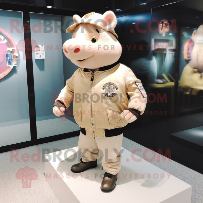 Beige Pig mascot costume character dressed with a Bomber Jacket and Bracelet watches