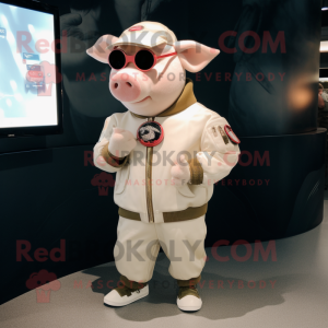 Beige Pig mascot costume character dressed with a Bomber Jacket and Bracelet watches