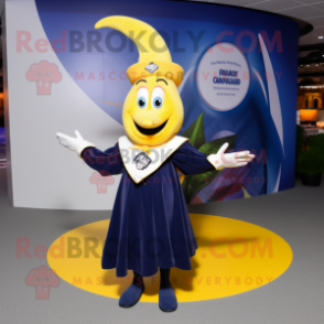 Navy Banana mascot costume character dressed with a Circle Skirt and Scarves