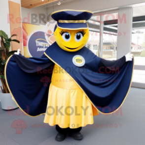 Navy Banana mascot costume character dressed with a Circle Skirt and Scarves