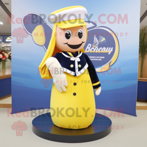 Navy Banana mascot costume character dressed with a Circle Skirt and Scarves