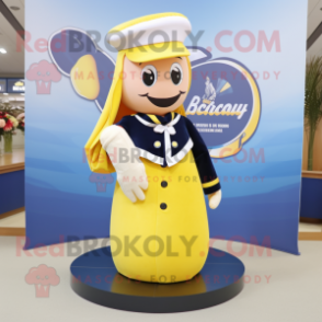 Navy Banana mascot costume character dressed with a Circle Skirt and Scarves