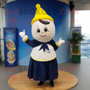 Navy Banana mascot costume character dressed with a Circle Skirt and Scarves