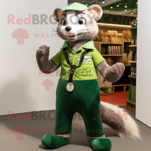 Forest Green Marten mascot costume character dressed with a Chinos and Suspenders