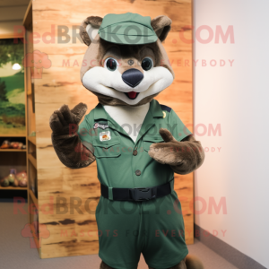 Forest Green Marten mascot costume character dressed with a Chinos and Suspenders