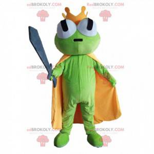 Green frog mascot with a yellow cape and a crown -