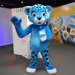 Blue Cheetah mascot costume character dressed with a Jumpsuit and Brooches