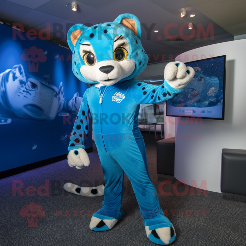 Blue Cheetah mascot costume character dressed with a Jumpsuit and Brooches